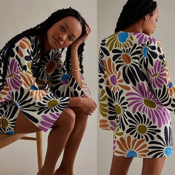 NEW Cala de la Cruz Turin Linen Bell Sleeve Floral Mini Dress Multi Color Size:L - Picture 1 of 8